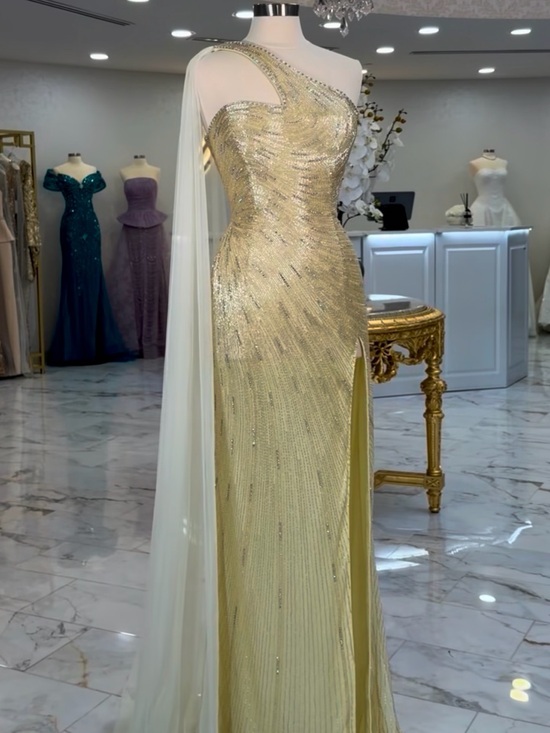 Catwalk Couture Dresses & Skirts - CATWALK COUTURE GOWN ~ Gold One-Shoulder Sequin Evening Gown with Draped Chiffon